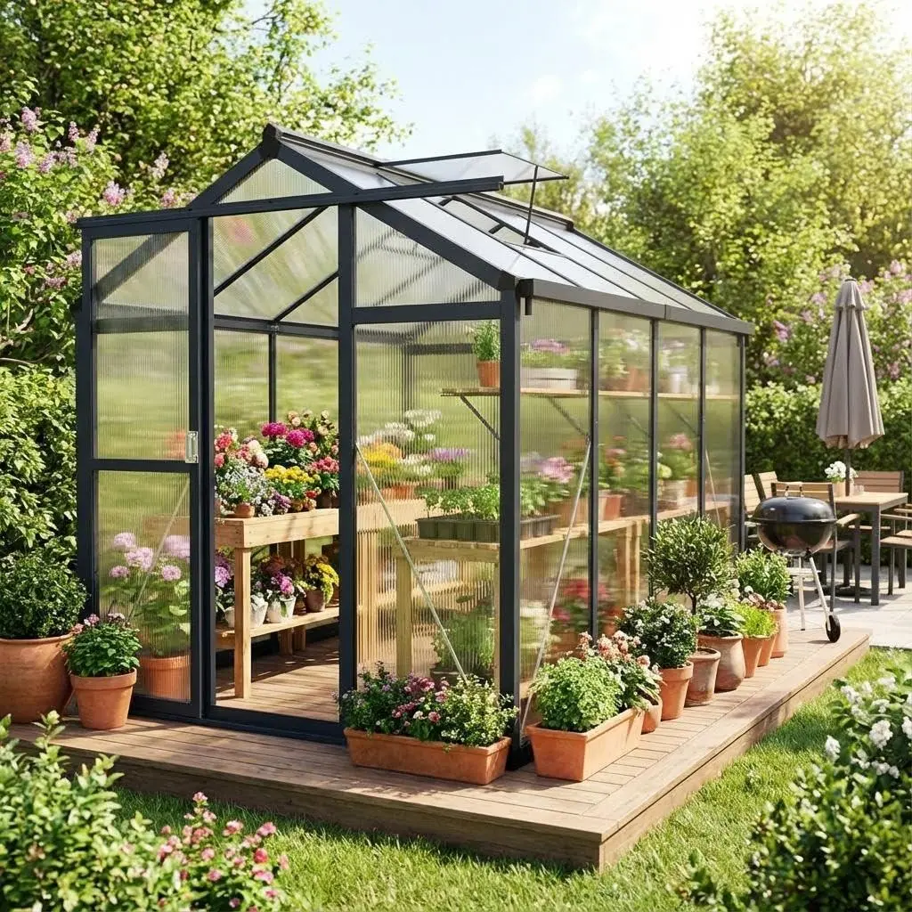 6x8ft Rectangular Aluminum Frame Walk-in Greenhouse for Outdoors - Lockable Smooth-Gliding Sliding Door, Heavy-Duty Polycarbonate, Roof Vent, Single Unit for Garden & Backyard, Dark Grey