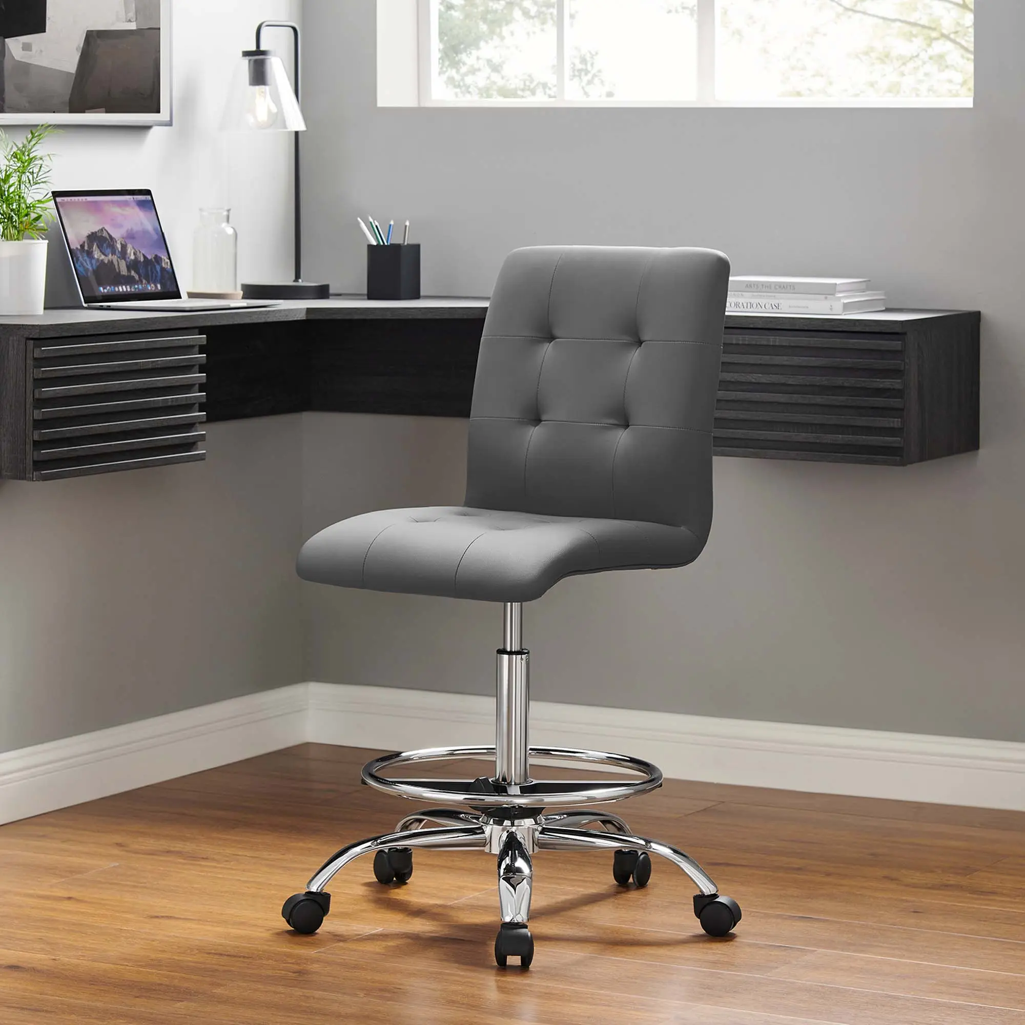 Modway Prim Armless Office Drafting Chair - Silver Gray Vegan Leather Modern Commercial Office Furniture with Piped Trim, Adjustable Seat Height, Swivel, 250 – 299 Lb Capacity (287 lbs Max), Assembly Required, Deep Biscuit Tufting for Standing Desks