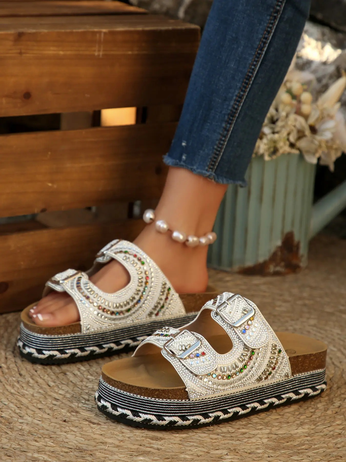 New Summer Women's Fashion PU Leather Sandals, Rhinestone Fisherman Slippers, Flat Beach Shoes, Thick Sole, Large Size, Trendy