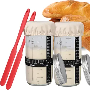 Sourdough Starter Jar Kit, 2 Sets Large Capacity Sour Dough Bread Starter Jar with Thermometer & Silicone Spatula, Baking Supplies Bakeware