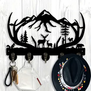 2D plan, deer and pine silhouette Decorative wall mounted key holder (thickness 0.5cm) wooden storage rack with hooks, suitable for hanging decorations in entrances, kitchens, bedrooms, offices, new home gifts, anniversaries, birthday gifts