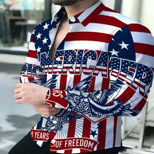 Men's Stars and Stripes All-Over Print Commemorative Shirt, Menswear Long-Sleeve Casual Top with Mixed Colors Fabric