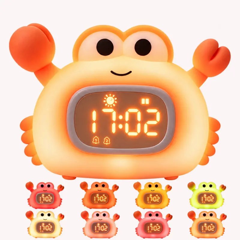 Cute Crab Tap Light- Alarm Clock with Night Light, 8 RGB Color Light & Warm Light,  Soft Light, Cartoon Style Desktop Clock, Dual Alarm, Suitable for Bedrooms and Children's Rooms, Soft Silicone, Best Gift for Girls Boys Teens