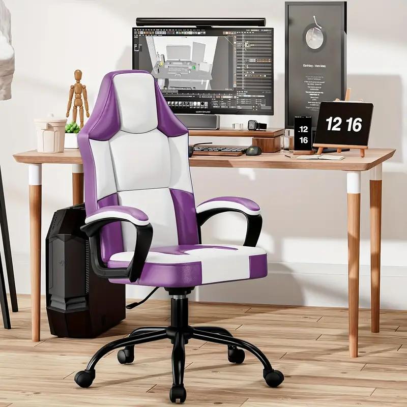 Ergonomic Computer Gaming Chair, Home Office Desk with PU Leather Lumbar Support, Height Adjustable Big and Tall Video Game, Swivel Wheels for Adults, White and Purple