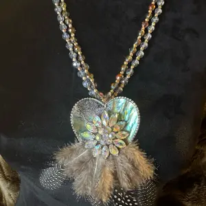 AnolaWaters Heart Necklace with Heart Pendant, Beaded Design, and Feather Accent, Elegant and Floral Style