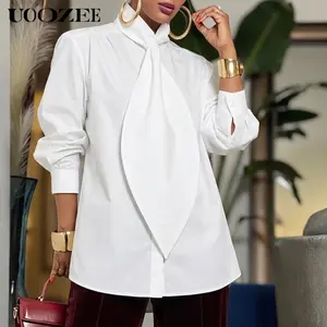 UOOZEE Women's Spring White Loose Fit Turtleneck Longsleeves Blouse - Fitted Exaggerated Tie Design, Basic Minimalist Style, Comfortable Soft Breathable Everyday Plus Size Casual Shirts,summervibes