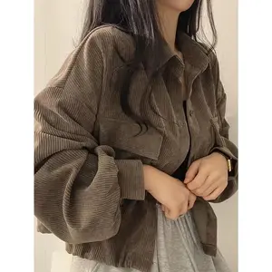 Women's Vintage Versatile Button-Down Collar Short Corduroy Shirt Long Sleeve Jacket Coats Tops Khaki Minimalist Casual Basic