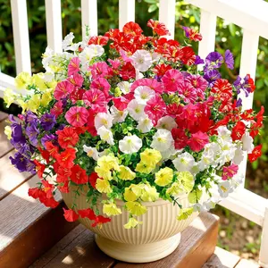 24 Bundles Artificial Flowers for Outdoors, Faux Spring Flowers for Decoration, UV Resistant Silk Morning Glory with Eucalyptus Realistic Fake Flowers for Yard Planter Porch Garden, Mix Six Colors