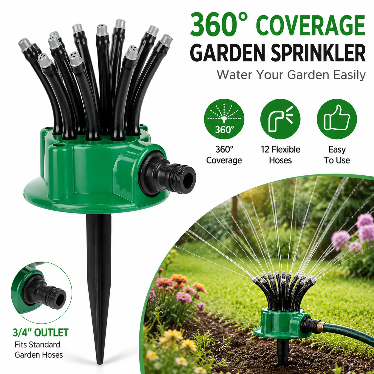 360° Flexible Lawn Sprinkler, Automatic Garden Watering System with 12 Adjustable Tubes, Outdoor Irrigation Sprayer for Yard, Lawn & Plants
