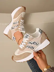 Women's Leopard Print Thick Sole Casual Shoes, thick soled sneakers, Low Top Textile Sneakers, Comfortable Sporty Footwear for Daily Wear, Trendy Walking Sneakers