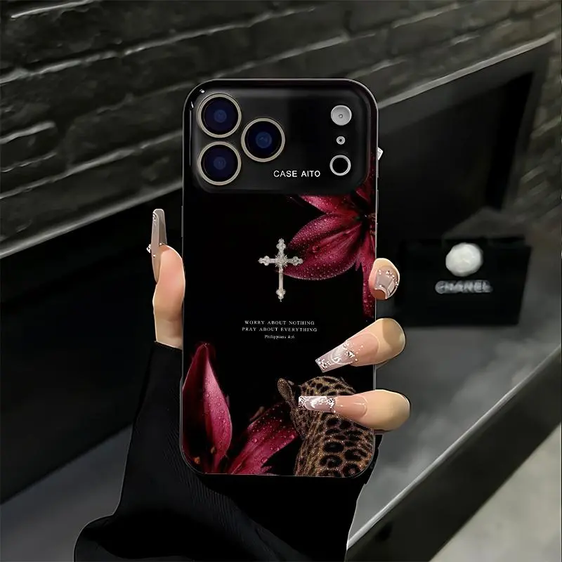 Dark red leopard cross print phone case. Compatible with iPhone 17 Pro Max, 16 Pro Max, 15 Pro Max, and 14 Pro Max. Full lens protection. Also compatible with iPhone 15, 14, 13, and 12. Made of skin-friendly TPU material.,back to school