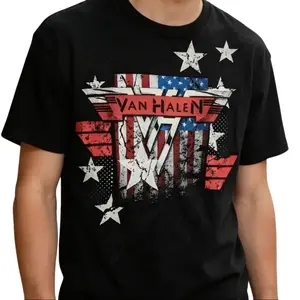 Van Halen x America Flag T-Shirt - Unisex Crewneck 100% Preshrunk Cotton Soft Breathable Fabric USA Printed Eco-Friendly Inks