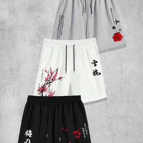 Men's Floral & Letter Print Drawstring Waist Lightweight Printed Shorts with Pockets, Casual Loose Pocket Track Floral Graphic Shorts for Daily Wear, Men's Bottoms for All Seasons