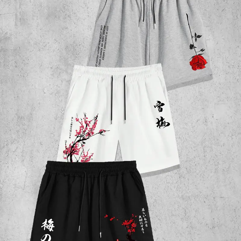 Men's Floral & Letter Print Drawstring Waist Lightweight Printed Shorts with Pockets, Casual Loose Pocket Track Floral Graphic Shorts for Daily Wear, Men's Bottoms for All Seasons