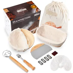 Handmade Proofing Baskets Oval and Round (Gift Set of 2) Smooth Rattan Sourdough Bread Baking Supplies with Utensils & Bread Bag breadbaskets Bakeware