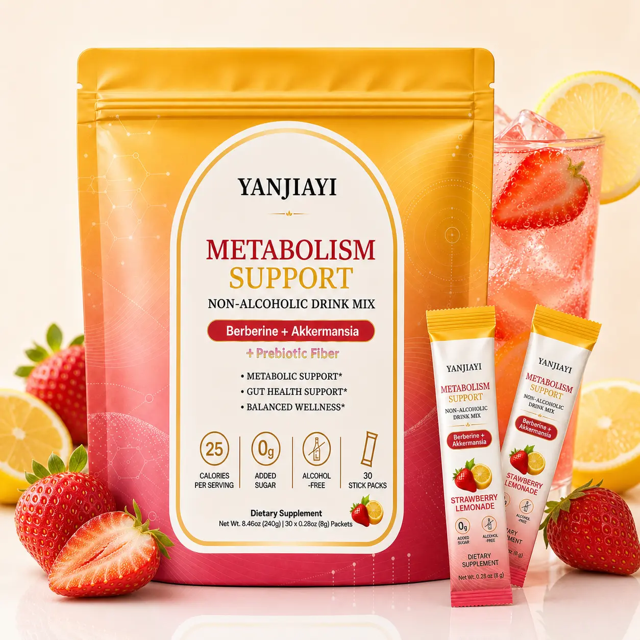 YANJIAYI Metabolism Support Drink Mix,  Wellness Mocktail with Berberine, Akkermansia & Prebiotic Fiber supplement, Strawberry Lemonade Flavor 0g Sugar, 30 Packs