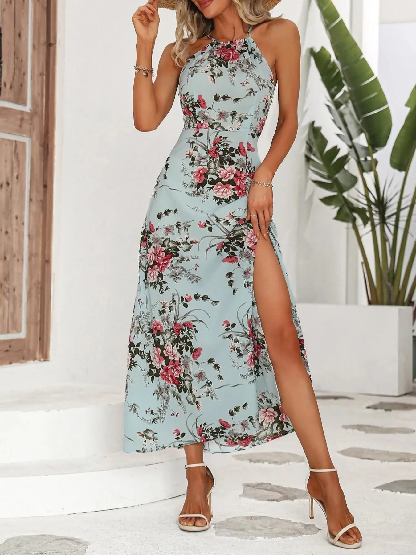Women's Floral Print Split Thigh Halter Dress, Elegant Chic Boho Style Tie Back Design Long Dress for Spring Summer Fall, Bohemian - TikTok Shop Women's Floral Print Split Thigh Halter Dress, Elegant Chic Boho Style Tie Back Design Long Dress for Spring Summer Fall, Bohemian - TikTok Shop