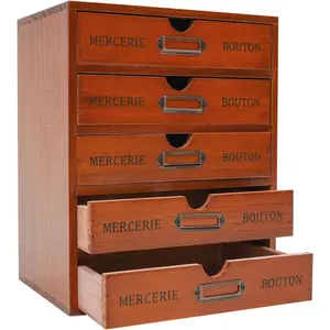 Vintage Drawer Wooden Drawers Organizer, 16-Drawer Desktop Organizer With Drawers, Iron Label Holders, Brown, For Store Cosmetics, Files, Books, Letters, Papers, Magazines (5-Drawer)