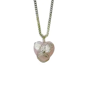 Silver Sin Miedo Rose Quartz Necklace with Butterfly Pendant and Chain Natural