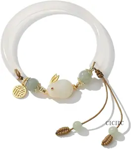 Natural White Jade Bead Bracelet Suitable for Women with Rabbit Charm Handmade Braided Adjustable Bracelet Gift White Jade Half Bangle