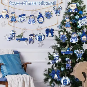 12-Piece two-dimensional Wooden Christmas Decorations Set, Blue Gnome Ornaments for Tree Home Party Supplies, Festive Holiday Hanging Accessories