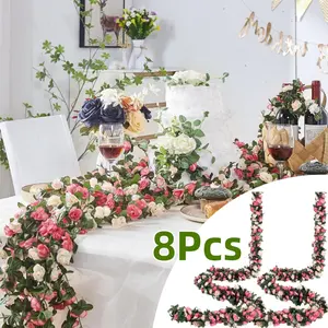 8Pcs 66T Flower Garland Set Artificial Rose Vine Flowers With Green Leaves Hanging For Room, Anniversary Wedding Birthday Christmas Wall Arch Decor, Spring Pink Flower Silk Faux garden decoration supply