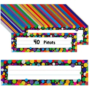40 count Traditional Manuscript Name Plates, Confetti Desk Name Tags with Double Sided PET Film Student Name Labels Erasable &  Desk Nameplates for School Classroom Organization (10" x 2.8")