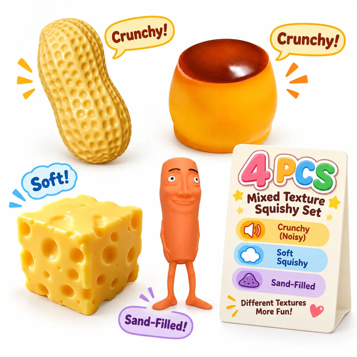 1/4PCS Mixed Texture Squishy Set, Crunchy Peanut & Pudding, Soft Cheese,Groovy Gift,Sand-Filled Figure, Pickypad Fidget Squeeze Stress Cube, Anxiety Relief Toy, Stress Relief Gift, Birthday Gift, Funny Birthday Gift