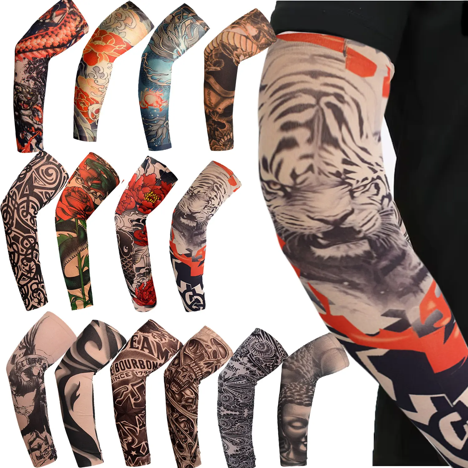 12PCS Ice Silk Tattoo Pattern Cooling Arm Sleeves,UV Sun Protection Arm Covers for Outdoor Sports Cycling Running  Men and Women