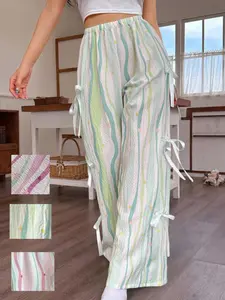 Sweet Girl Wave Stripe Star Print Wide Leg Pants, High Waist Elastic Side Tie Casual Pants, Loose Fit Home Wear, Four Seasons Women's Long Pants