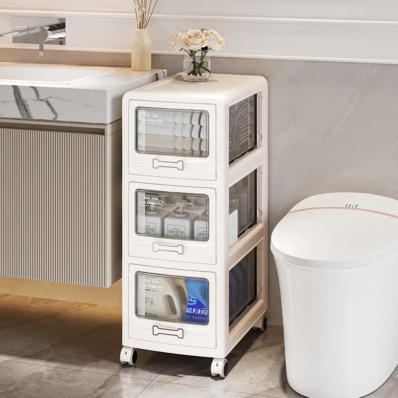 Narrow-Gap Storage Cart, 3-5Tier Modular Stackable Foldable Plastic Organizer, Rolling Drawer Organizer with Lockable Wheels , for Bathroom, Bedroom, Office, Kitchen