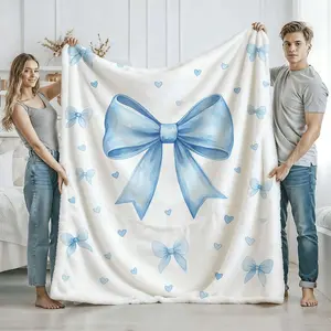1Pc Watercolor Blue Bows Soft Flannel Throw Blanket - Light Blue & White Bow Design, All-Season Cozy Bedspread For Couch, Bed, Travel & Office - Contemporary Style Multi-Size Luxury Bedding Gift, Hand Wash Only, Durable & Versatile Home Decor