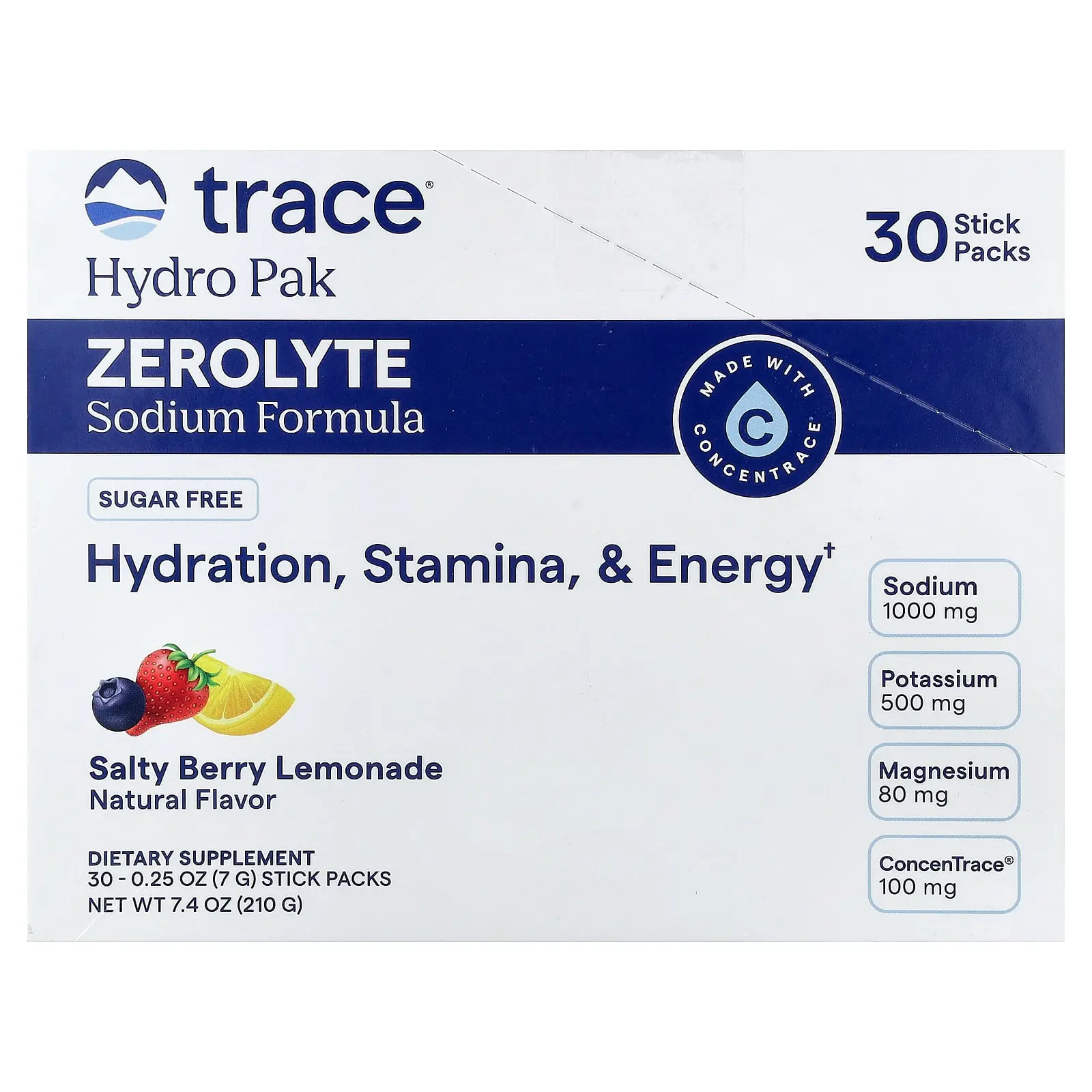 Trace Hydro Pak, ZeroLyte, Sodium Formula, Salty Berry Lemonade, 30 Stick Packs, 0.25 oz (7 g) Each
