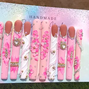 Handmade 5XL Square Nails with Floral Design, Decorative Elements, and Metallic Finish