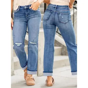 Women’s casual straight-leg jeans, street-style mid-rise, worn-in boyfriend denim pants, light wash, wavy details, rolled hems