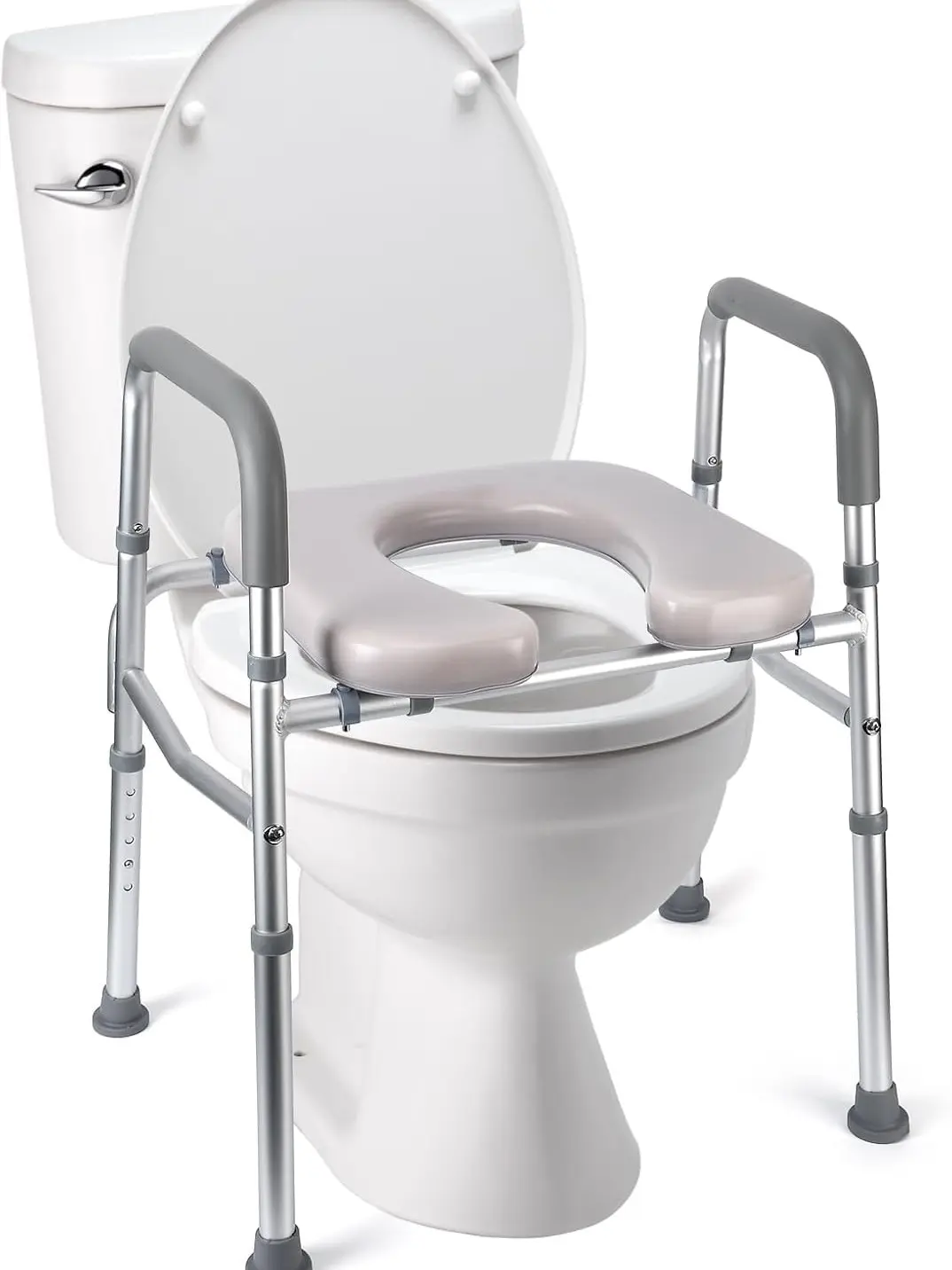 Aluminum Toilet Seat Riser with Handrails, Sturdy Padded Durable Construction, Height-Adjustable, 350lb Capacity, Quick Setup, Universal Fit for Seniors - Bathroom Safety Accessory