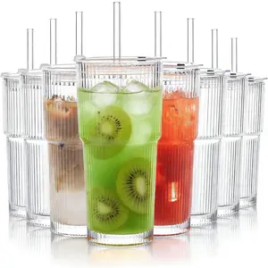 Set of 8 Oversize Ribbed Glassware, 20oz Vintage Clear Glass Tumbler, Large capacity, Origami Style, Fluted Design, Ideal for Water, Iced Coffee, Beer, Tea, Latte, Housewarming Gift