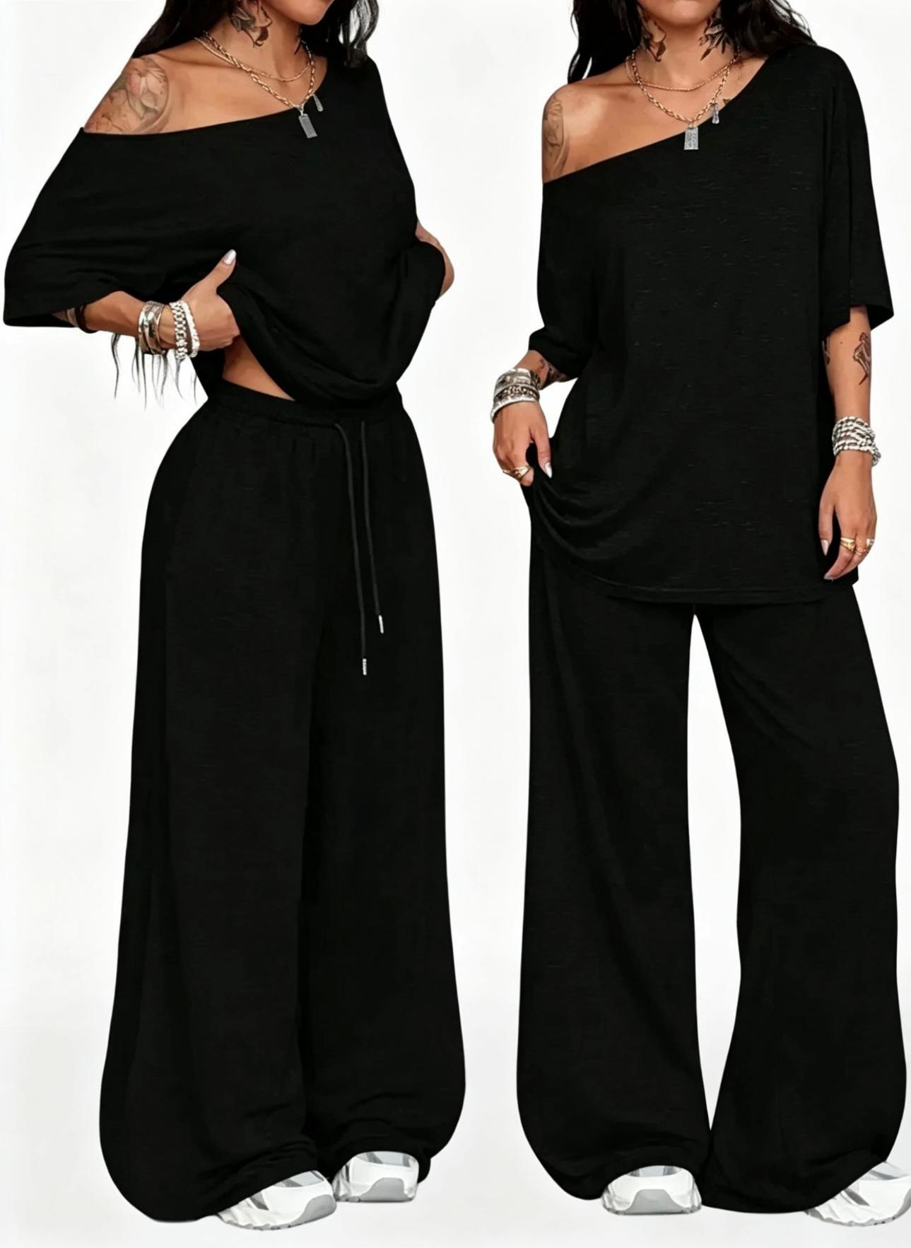 2pcs/Set Women's Minimalist Basic Daily Wear Everyday Going Out Sport Comfortable Off Shoulder T-Shirt And Wide Leg Pants Two Pieces Outfits