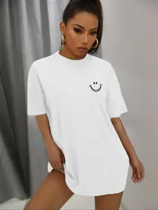 Women's Smile Face Print Round Neck Jersey Tee, Summer Clothes Women, Trendy Chic Casual Drop Shoulder Half Sleeve T-Shirt for Daily Wear, Ladies Summer Outfit
