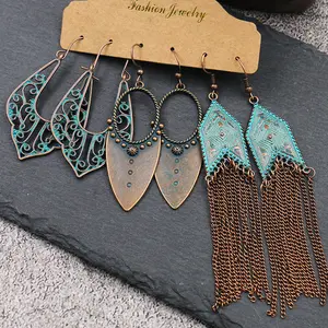 3 Pairs/Set Bohemian Boho Earrings Hook Drop Dangle - Tassle, Teal, Trendy - B#3