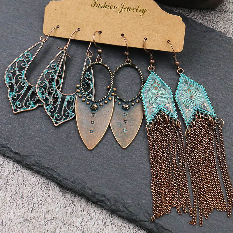 3 Pairs/Set Bohemian Boho Earrings Hook Drop Dangle - Tassle, Teal, Trendy - B#3