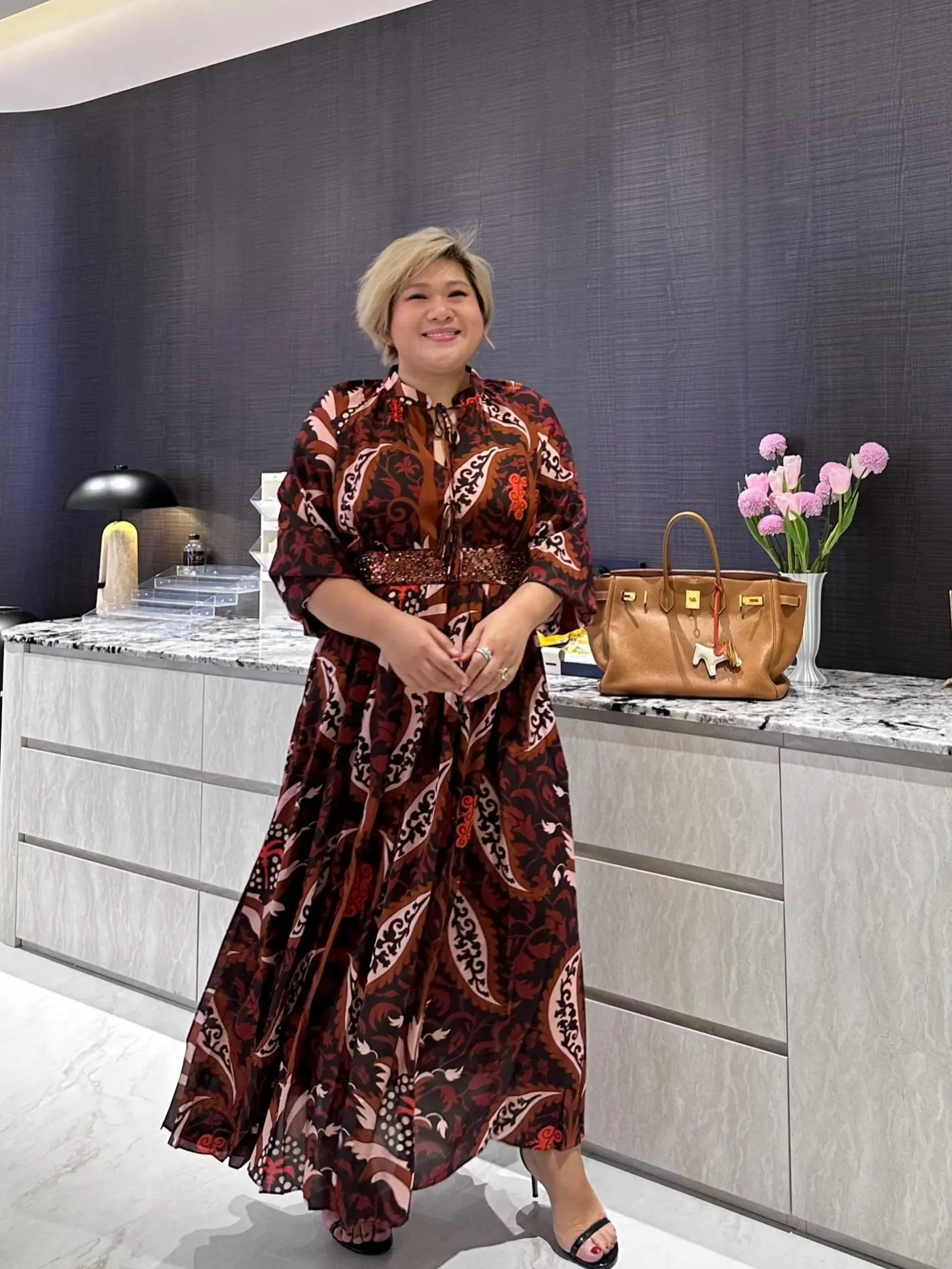 Women's Lady YUE SIGNATURE Light Luxury "Milan" Silk Beaded Slimming A-Line Draped Printed Long-Sleeve Casual Dress