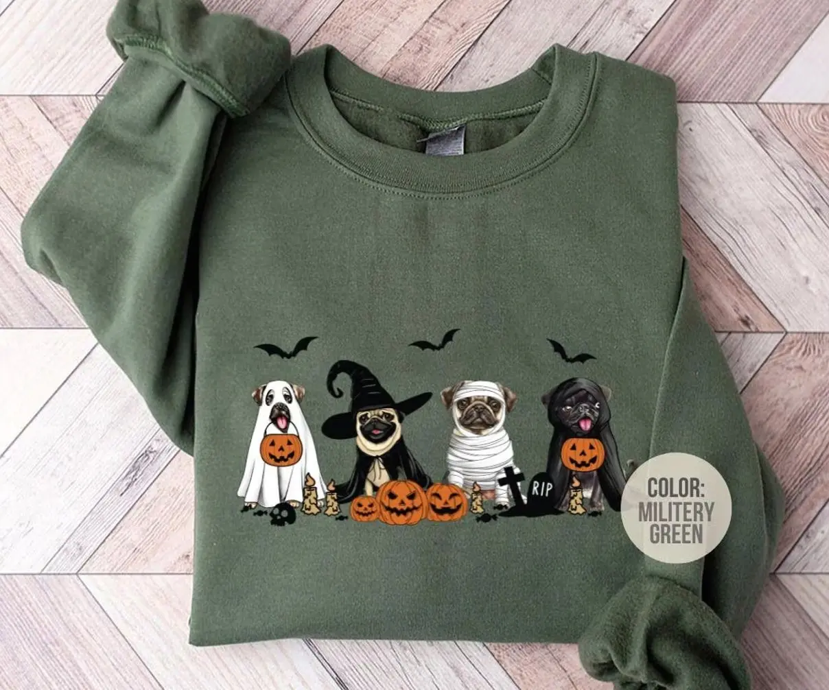 Pug Halloween Sweatshirt, Spooky Pug Dog Mom Crewneck, Cute Ghost Pug Fall Sweatshirt, Halloween Dog Lover Apparel, Cozy Autumn Pet Parent Gift for Women & Men