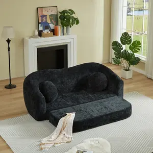 86-inch Curved Convertible Sofa Recliner, 2-in-1 Frameless Folding Sofa Bed with Pull-Out Base and Deep Seat Design, Chenille Two-Seater Reclining Sofa, No Assembly Required,Vacuum Pack Sofa – Unbox & Use