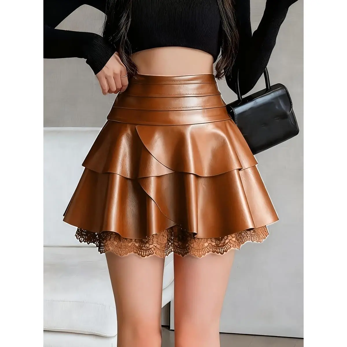 Women's High-Waisted PU Leather Skirt with Contrast Lace Trim, Casual Mini for All Seasons Fitted Plain Design, Chic, Trendy, Versatile, Comfort, Wear, Style, Outfit, Essential, Elegant, Classy, Modern