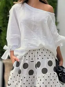 Women's Asymmetrical Single Shoulder Long Sleeve Shirt, Bowknot Design, Loose Fit Casual Top, Plain Color Women's Clothing