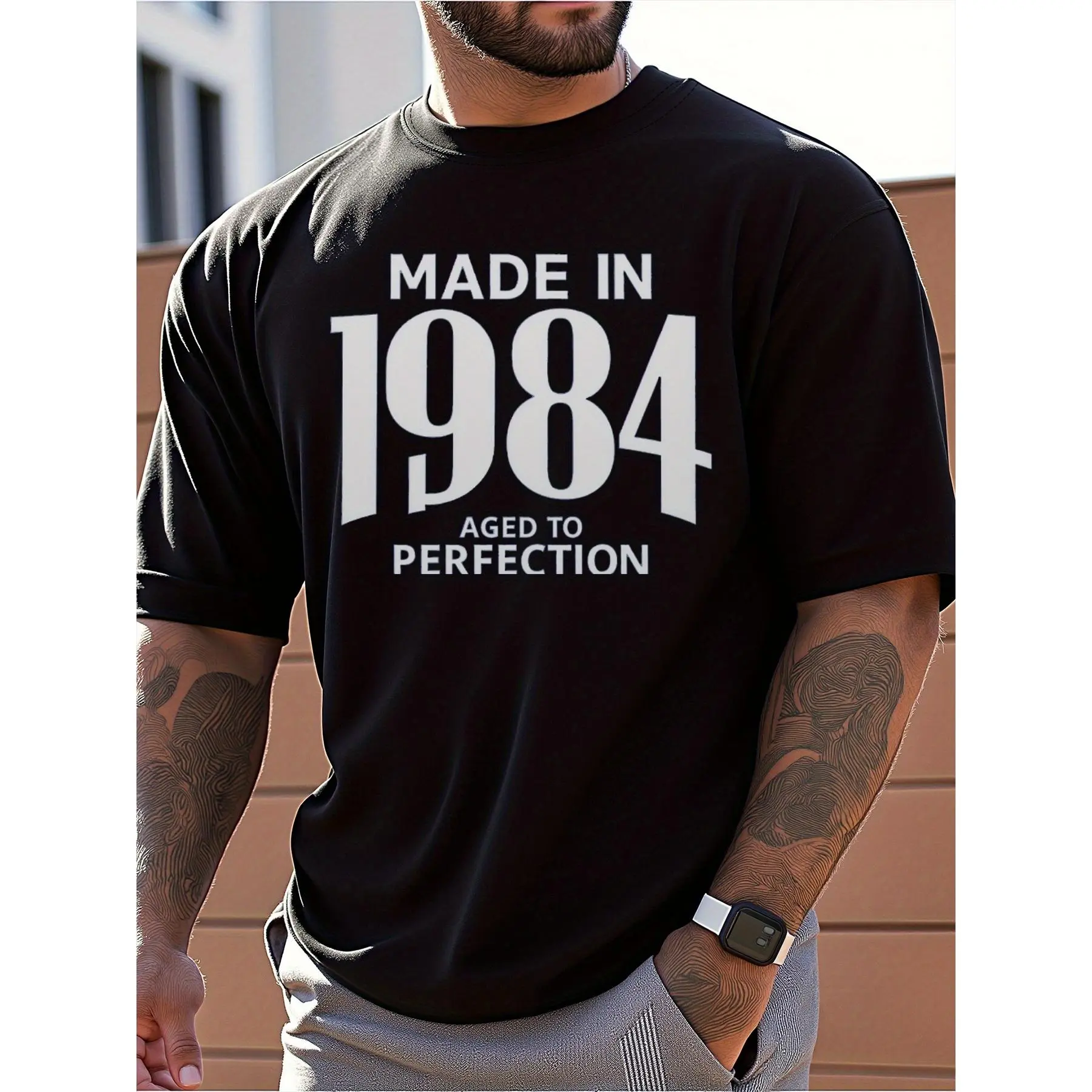 Men's Vintage 1984 Graphic T-Shirt - 100% Cotton, Loose Fit, "Made in 1984, Aged to Perfection" Print, Dark Blue Casual Summer Tee for Daily Wear & Outdoor Gatherings