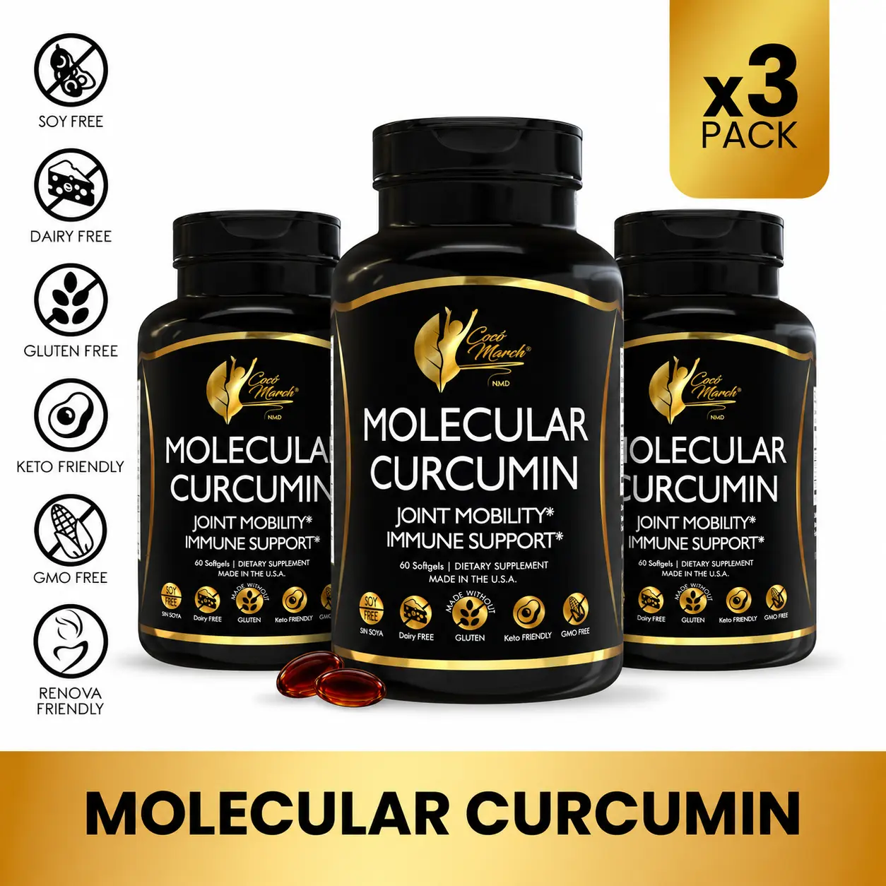 3 Bottles of Cocó March N.M.D Molecular Curcumin Dietary Supplement, Joint Mobility and Immune Boosting Wellness Supplement -60 Softgels per Container