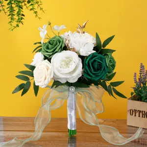 Wedding Bouquet Silk Rose Bridal Wedding Bridesmaid Handheld Artificial Flowers, Green White Decor Decorative Ornaments