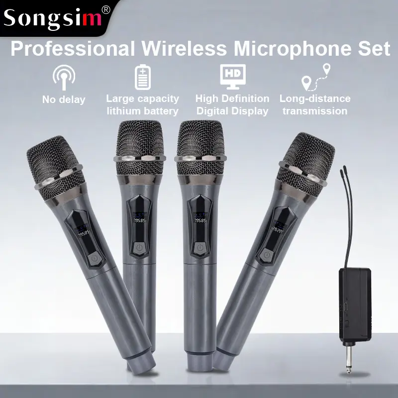 WX108 is a 1-to-4 wireless microphone system featuring USB charging and a high-capacity rechargeable lithium battery for long-lasting performance. It includes a 3.5mm adapter and is suitable for scenarios such as home karaoke and outdoor singing.